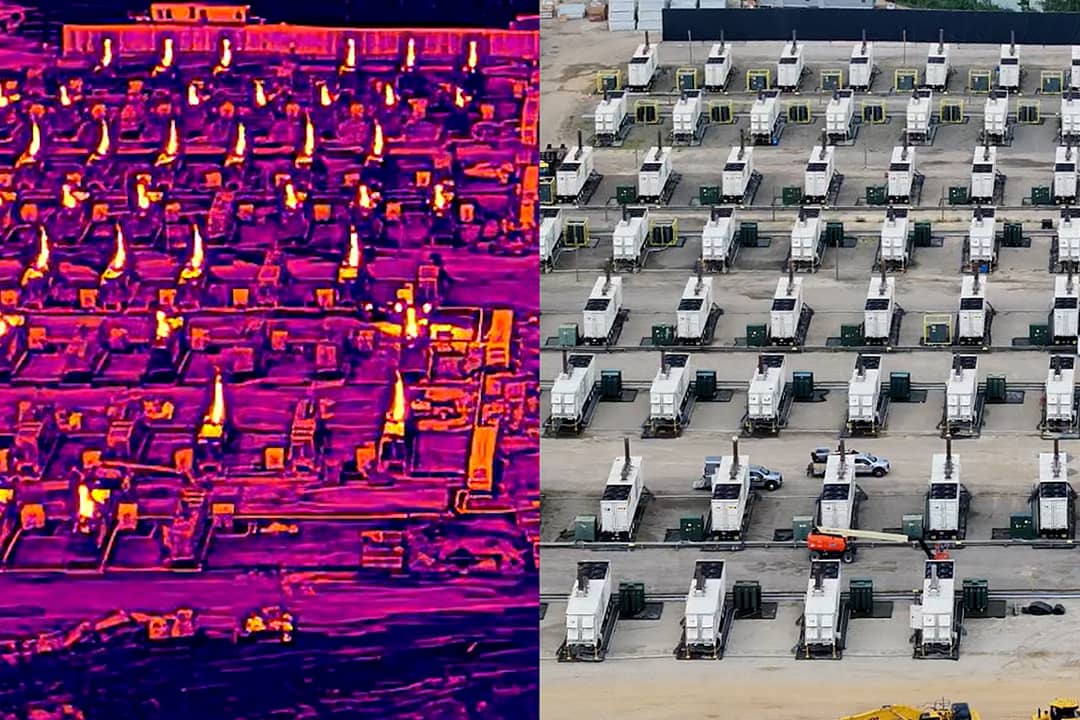 A composite image with thermal imaging on the left showing a fleet of more than 60 unpermitted tractor-trailer-sized generators powering one of the largest planned data centers on the East Coast.